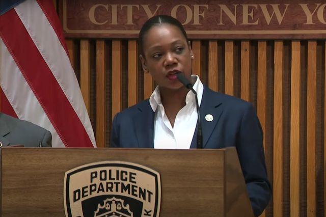NYPD Commissioner Keechant Sewell at a news conference announcing a murder charge for a 15-year-old in the death of 11-year-old Kyahara Tay.